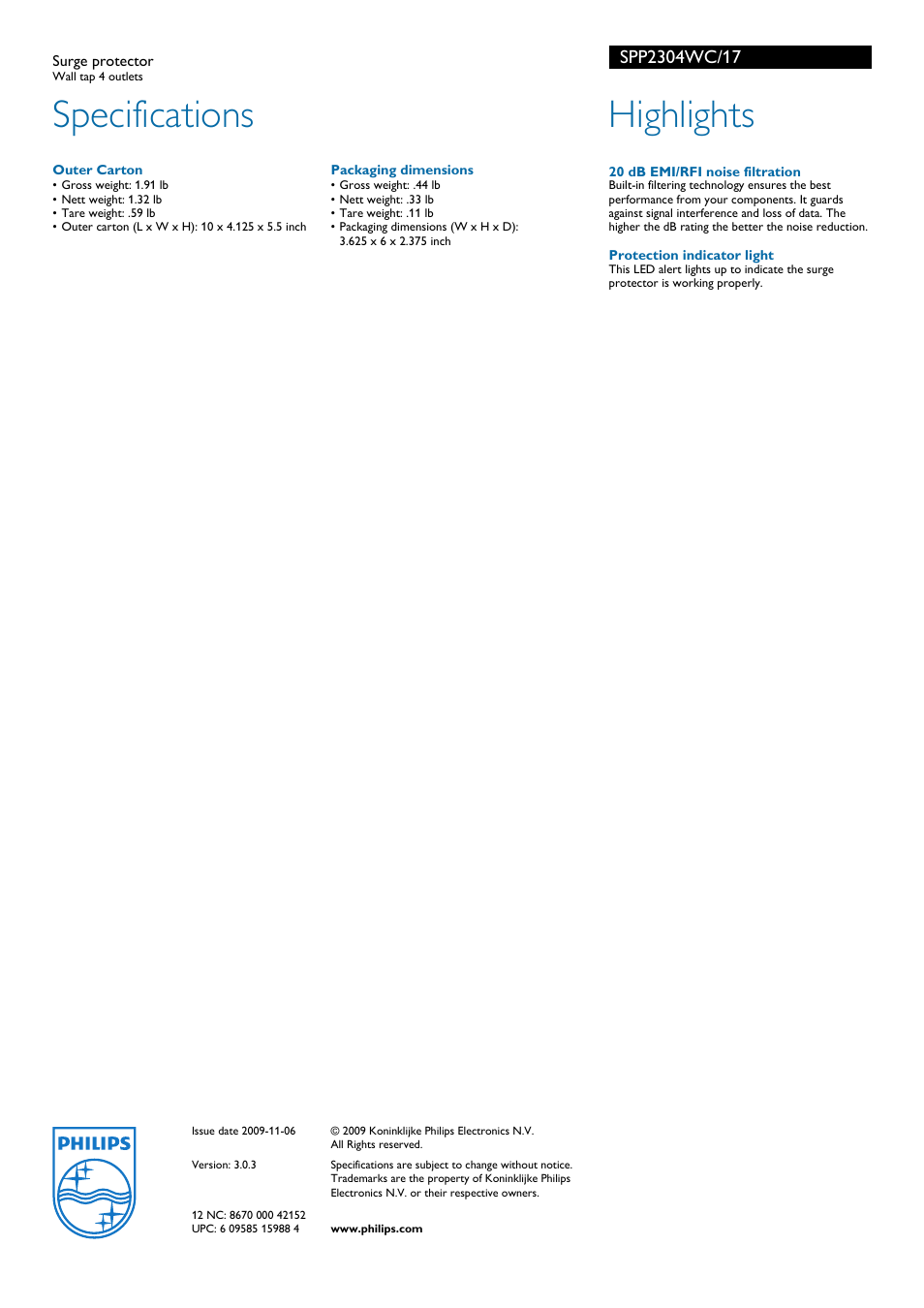 Specifications, Highlights | Philips SPP2304WC User Manual | Page 2 / 2