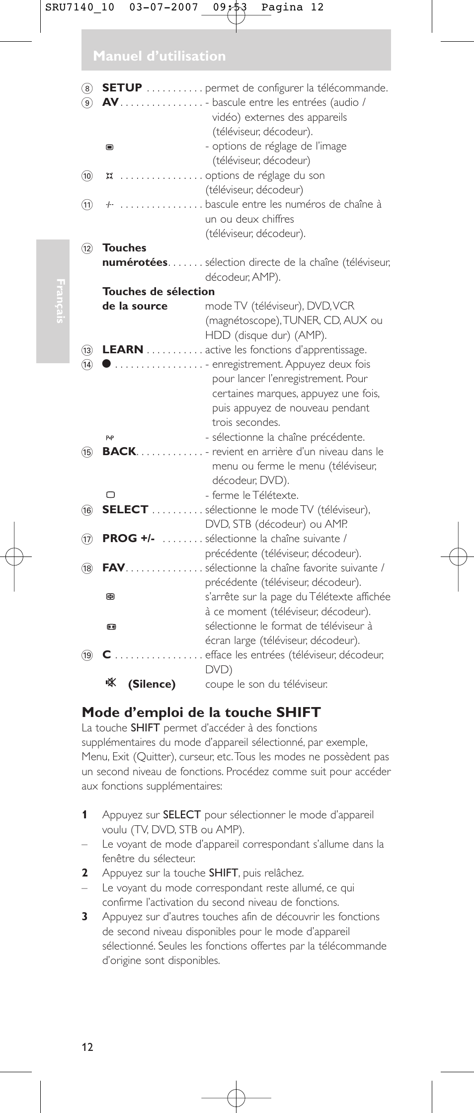 Manuel d’utilisation, Mode d’emploi de la touche shift | Philips SRU 7140 User Manual | Page 12 / 108