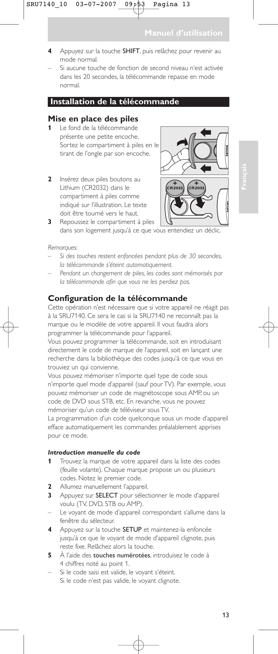 Manuel d’utilisation, Configuration de la télécommande | Philips SRU 7140 User Manual | Page 13 / 108