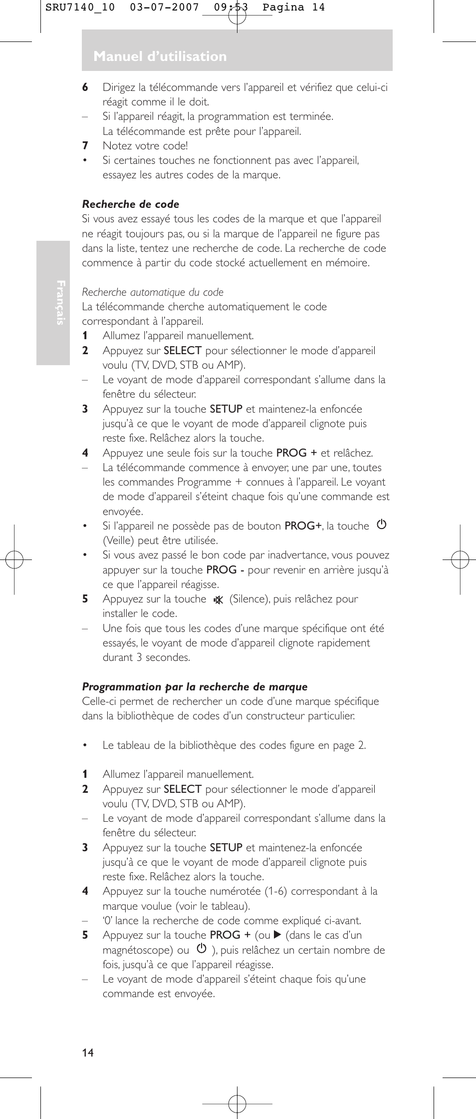 Manuel d’utilisation | Philips SRU 7140 User Manual | Page 14 / 108