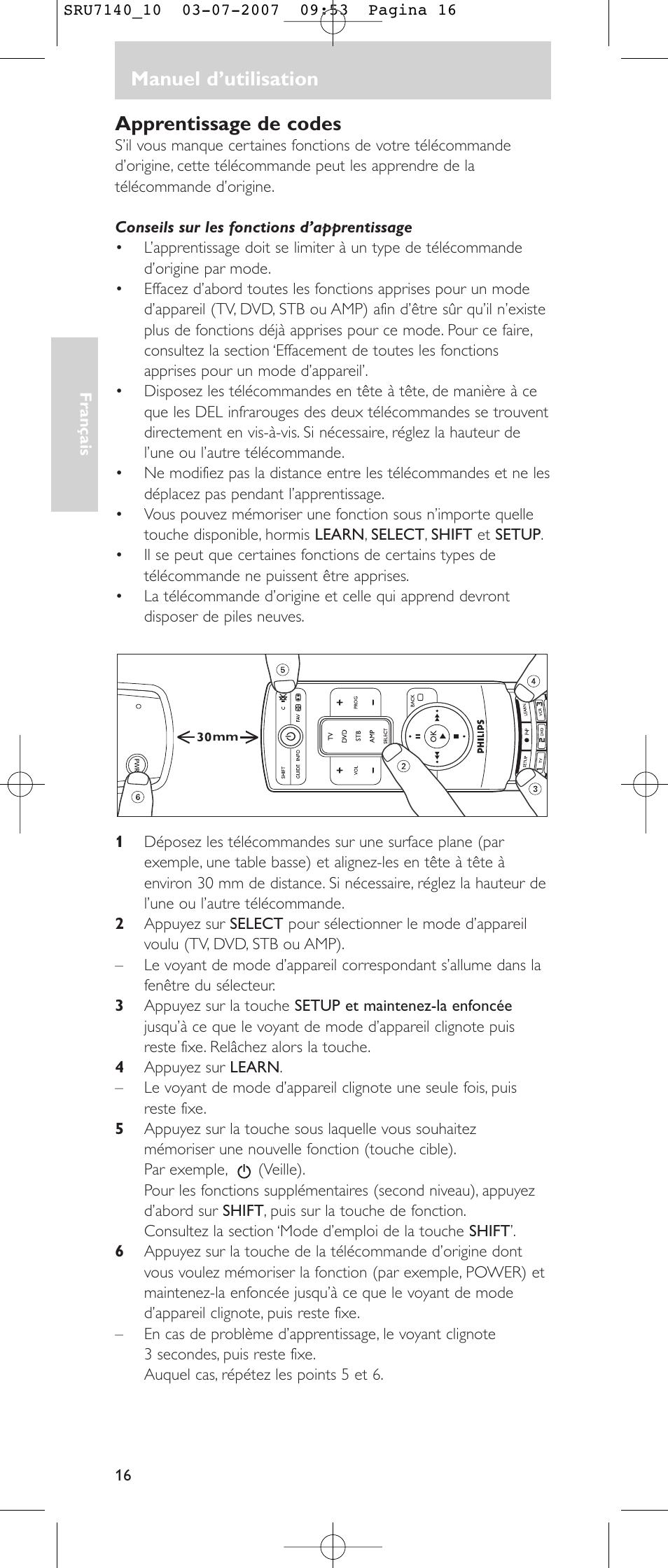 Manuel d’utilisation, Apprentissage de codes | Philips SRU 7140 User Manual | Page 16 / 108