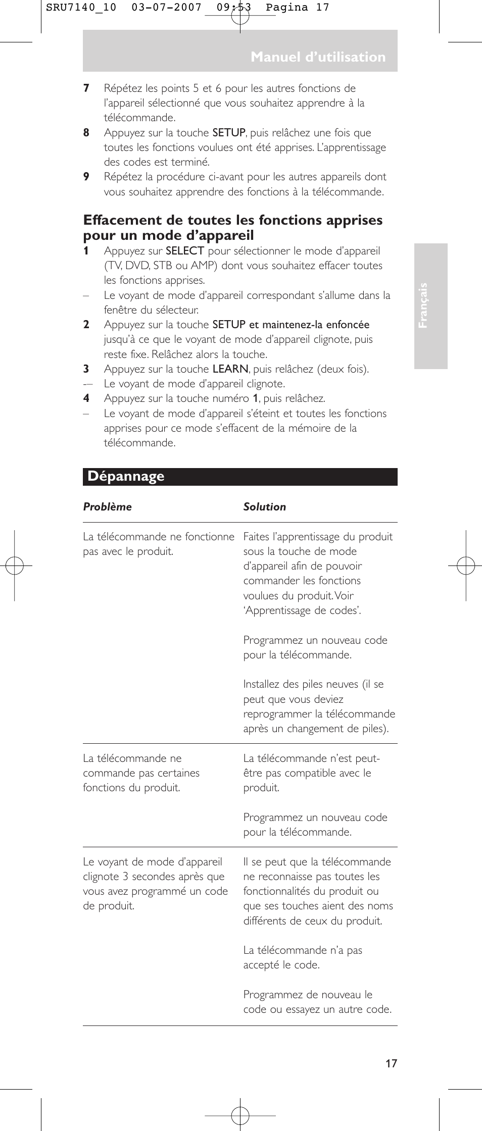 Manuel d’utilisation, Dépannage | Philips SRU 7140 User Manual | Page 17 / 108