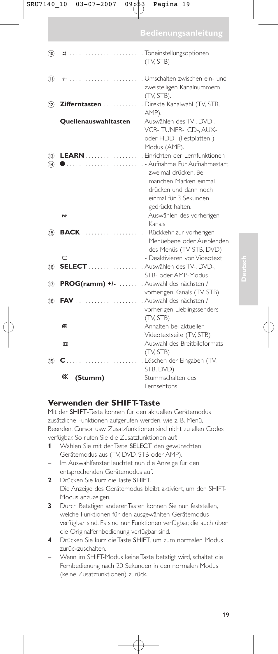 Bedienungsanleitung, Verwenden der shift-taste | Philips SRU 7140 User Manual | Page 19 / 108