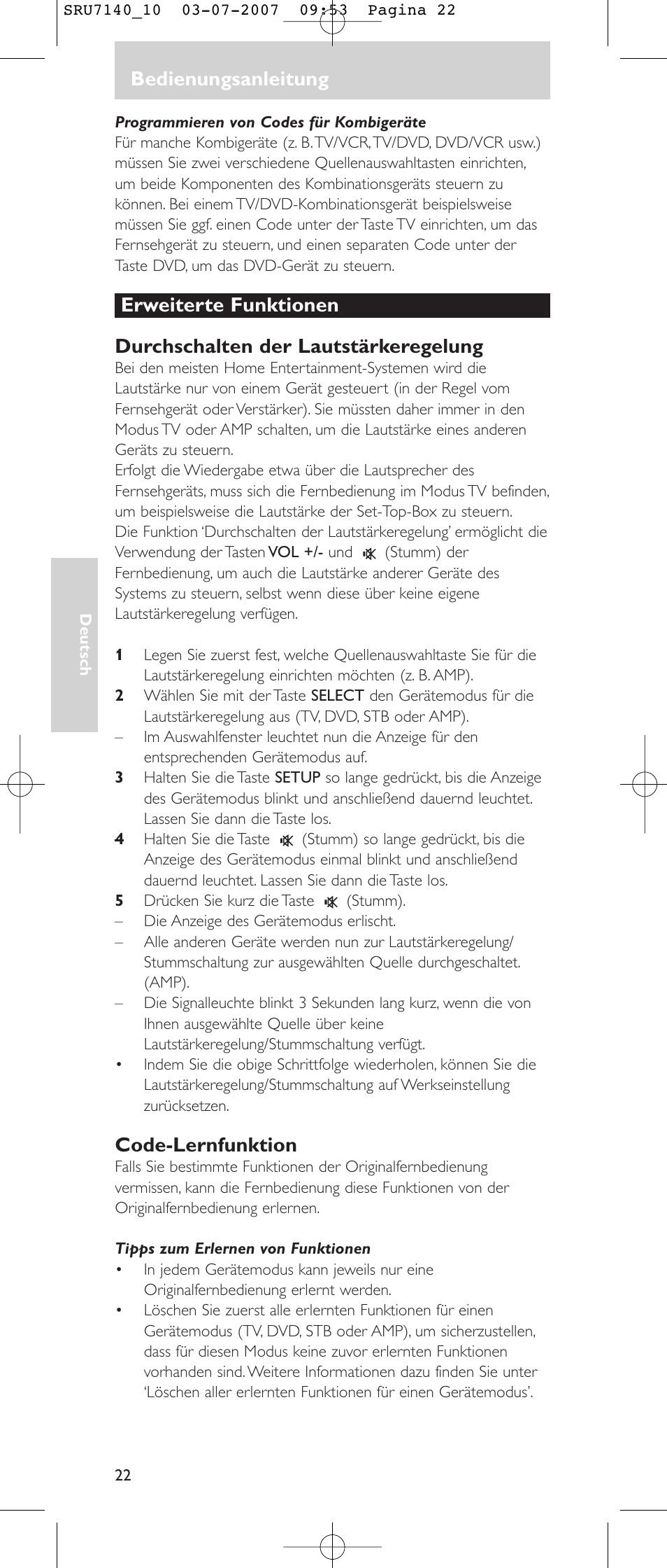 Bedienungsanleitung, Code-lernfunktion | Philips SRU 7140 User Manual | Page 22 / 108