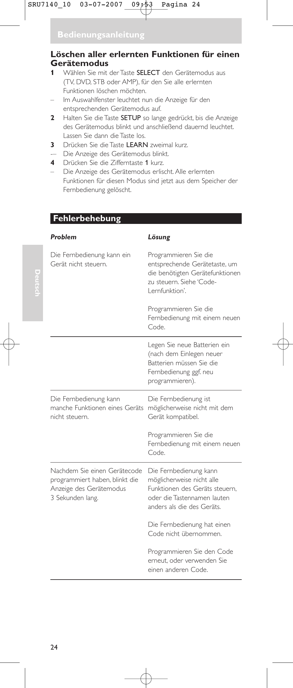 Bedienungsanleitung, Fehlerbehebung | Philips SRU 7140 User Manual | Page 24 / 108