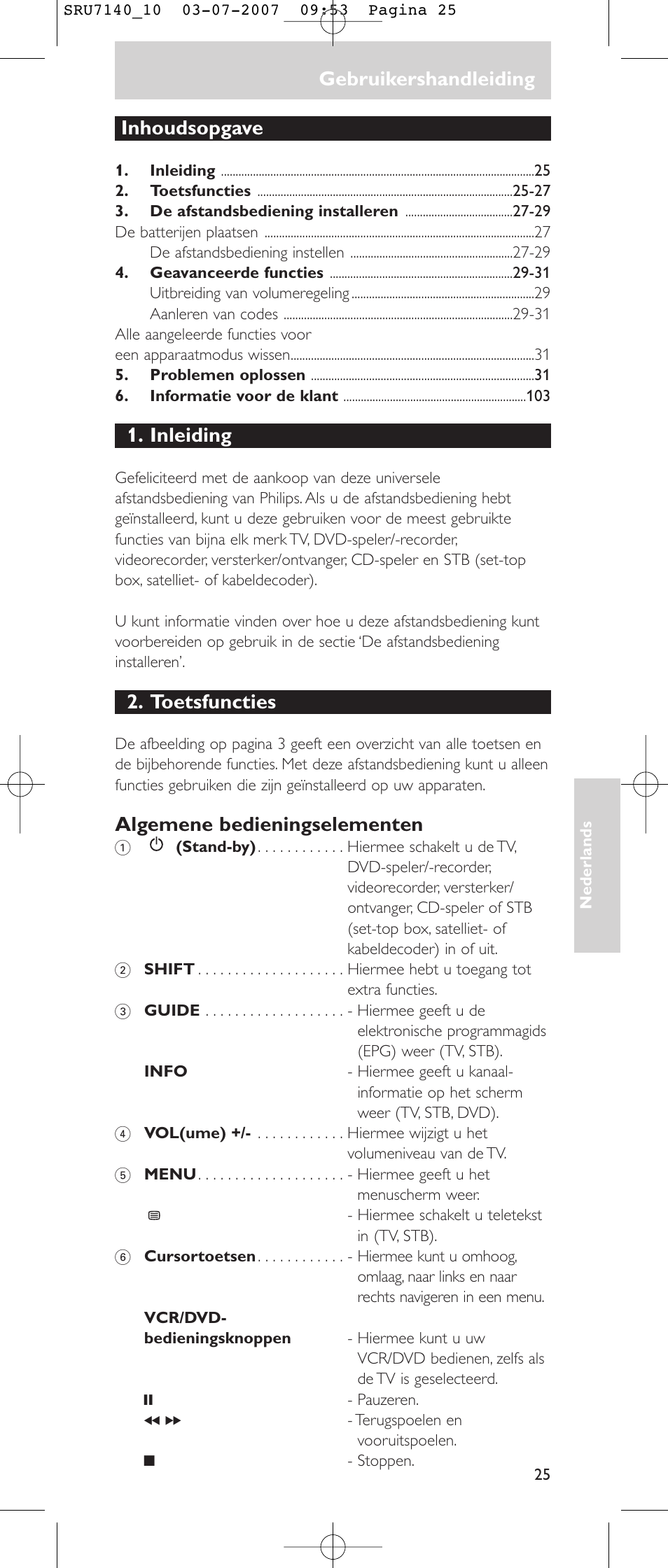 Gebruikershandleiding, Inhoudsopgave, Inleiding | Toetsfuncties, Algemene bedieningselementen | Philips SRU 7140 User Manual | Page 25 / 108