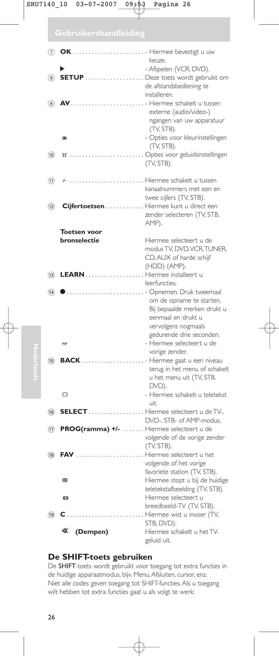 Gebruikershandleiding, De shift-toets gebruiken | Philips SRU 7140 User Manual | Page 26 / 108