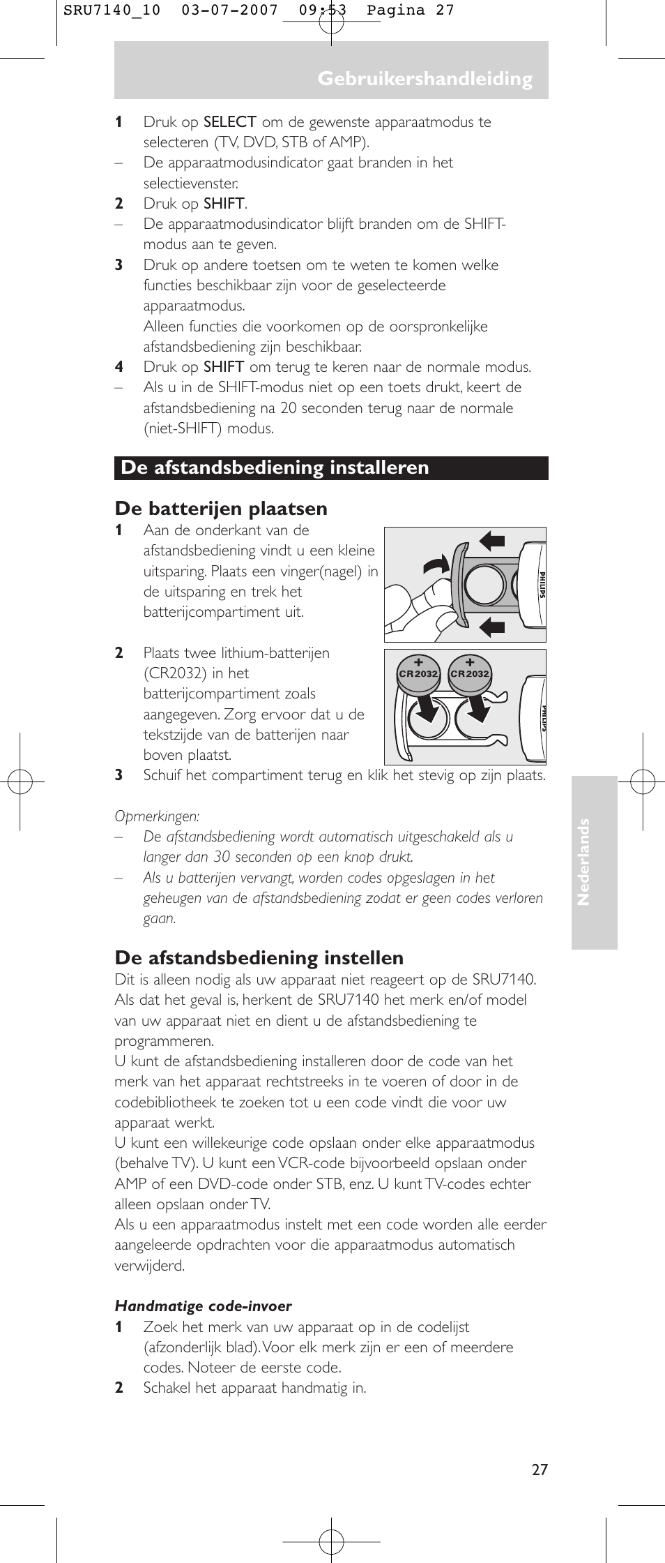 Gebruikershandleiding, De afstandsbediening instellen | Philips SRU 7140 User Manual | Page 27 / 108