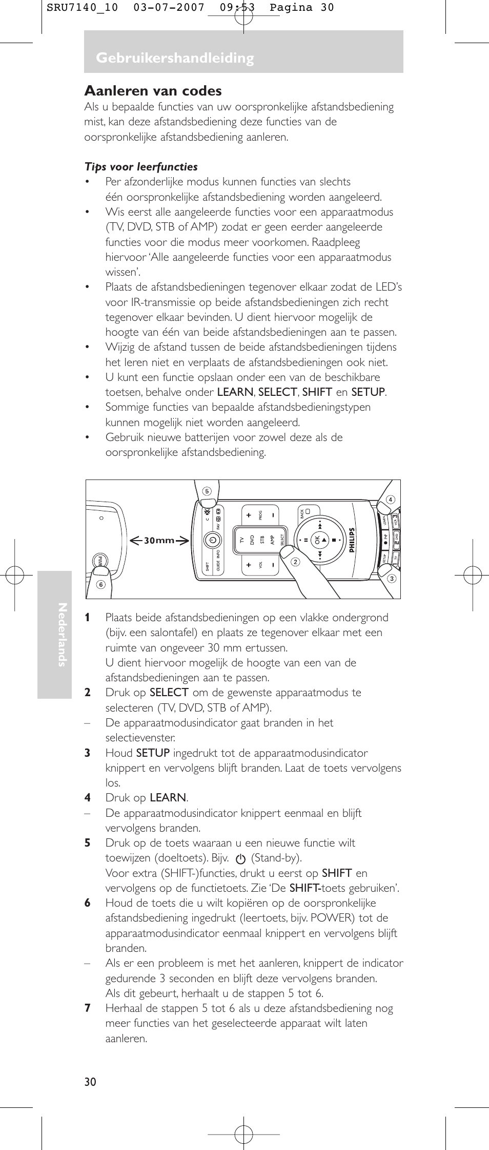 Gebruikershandleiding, Aanleren van codes | Philips SRU 7140 User Manual | Page 30 / 108
