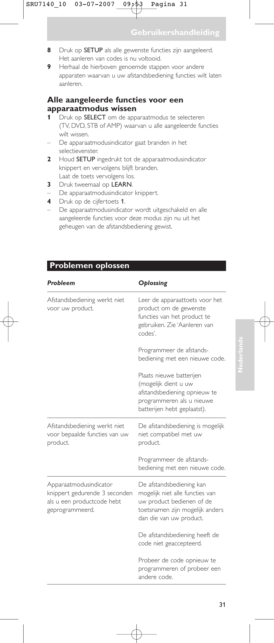 Gebruikershandleiding, Problemen oplossen | Philips SRU 7140 User Manual | Page 31 / 108