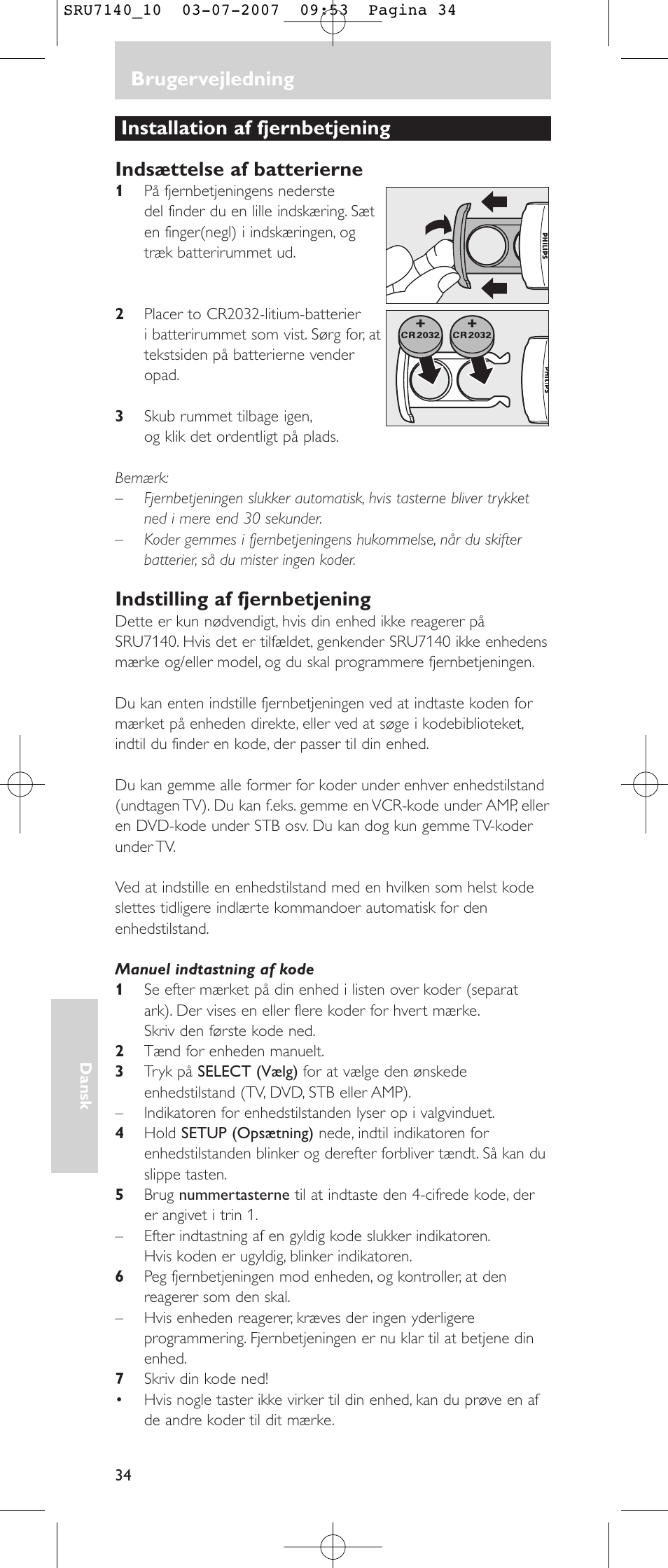 Brugervejledning, Indstilling af fjernbetjening | Philips SRU 7140 User Manual | Page 34 / 108