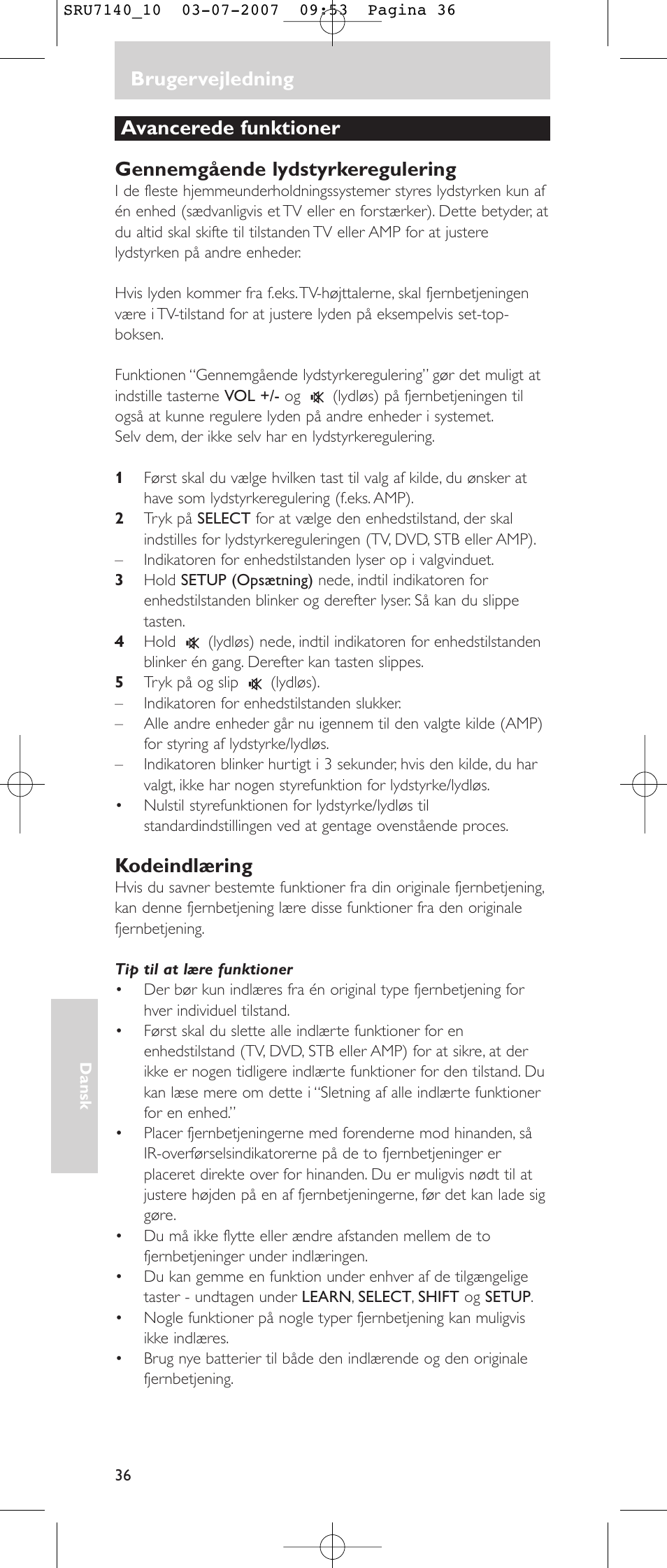 Brugervejledning, Kodeindlæring | Philips SRU 7140 User Manual | Page 36 / 108