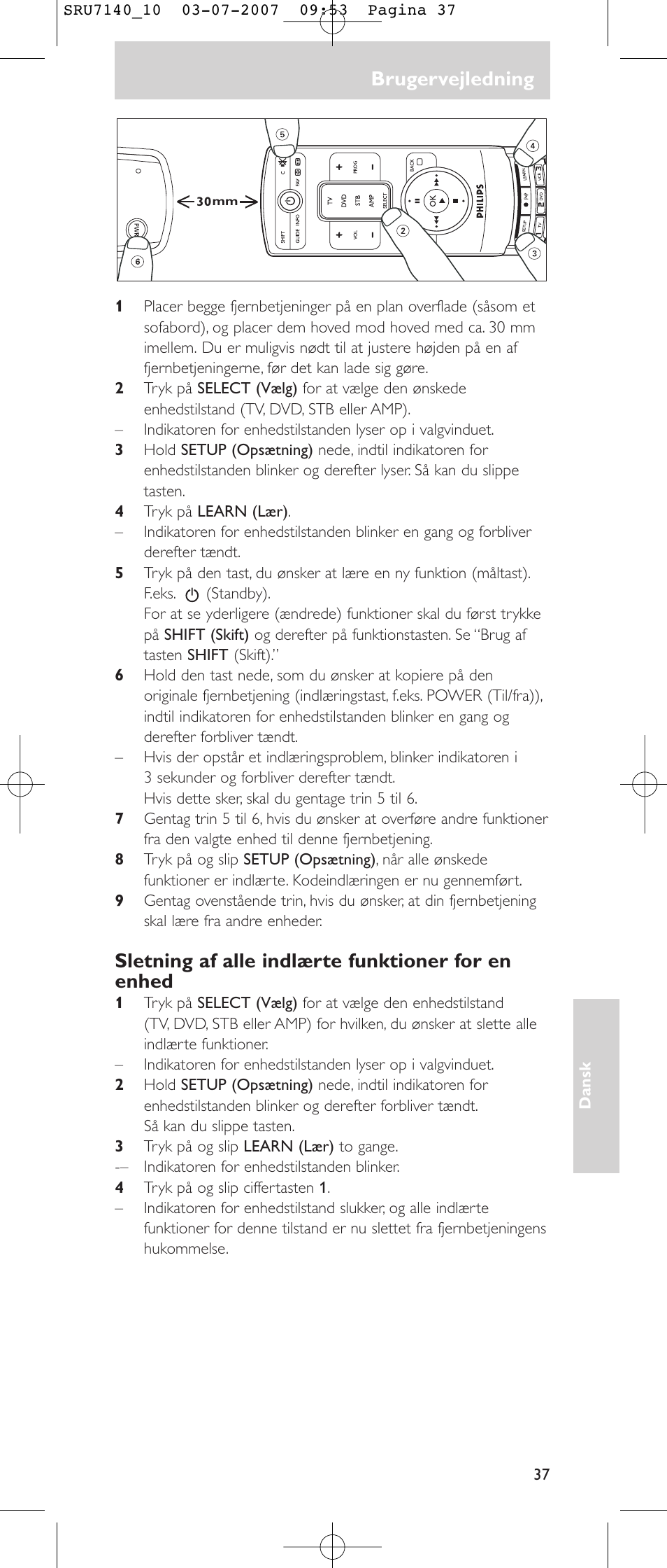 Brugervejledning, Sletning af alle indlærte funktioner for en enhed | Philips SRU 7140 User Manual | Page 37 / 108