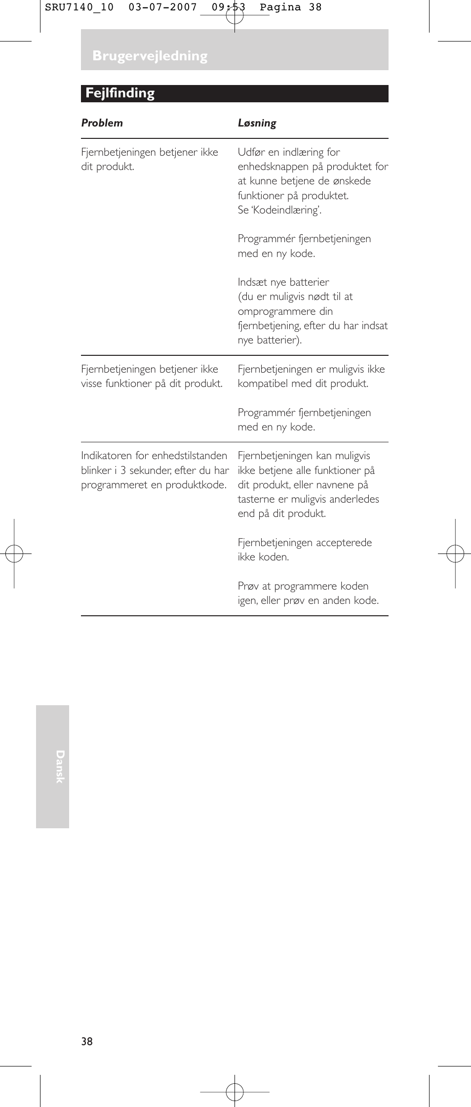 Brugervejledning, Fejlfinding | Philips SRU 7140 User Manual | Page 38 / 108