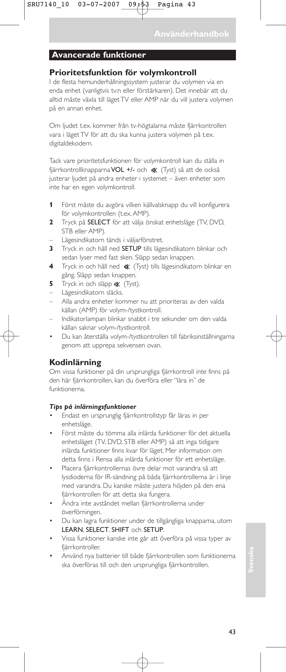 Använderhandbok, Kodinlärning | Philips SRU 7140 User Manual | Page 43 / 108