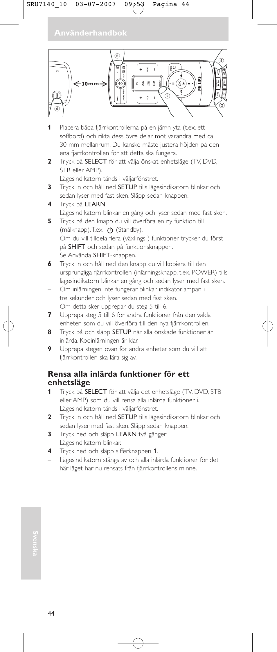 Använderhandbok, Rensa alla inlärda funktioner för ett enhetsläge | Philips SRU 7140 User Manual | Page 44 / 108