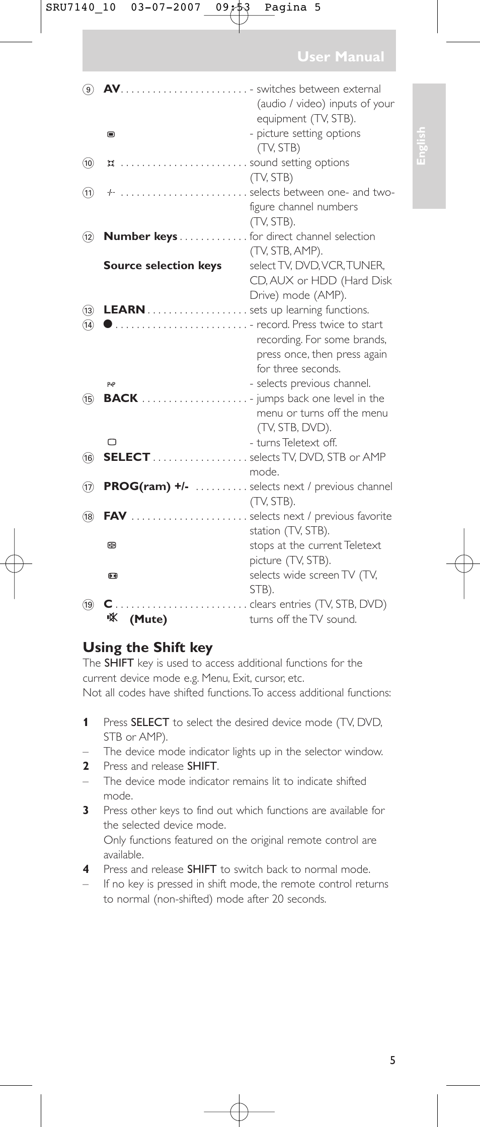 User manual, Using the shift key | Philips SRU 7140 User Manual | Page 5 / 108