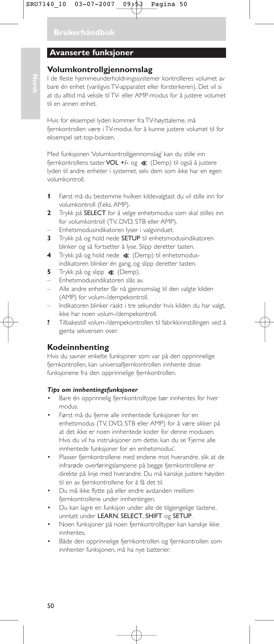 Brukerhåndbok, Avanserte funksjoner volumkontrollgjennomslag, Kodeinnhenting | Philips SRU 7140 User Manual | Page 50 / 108