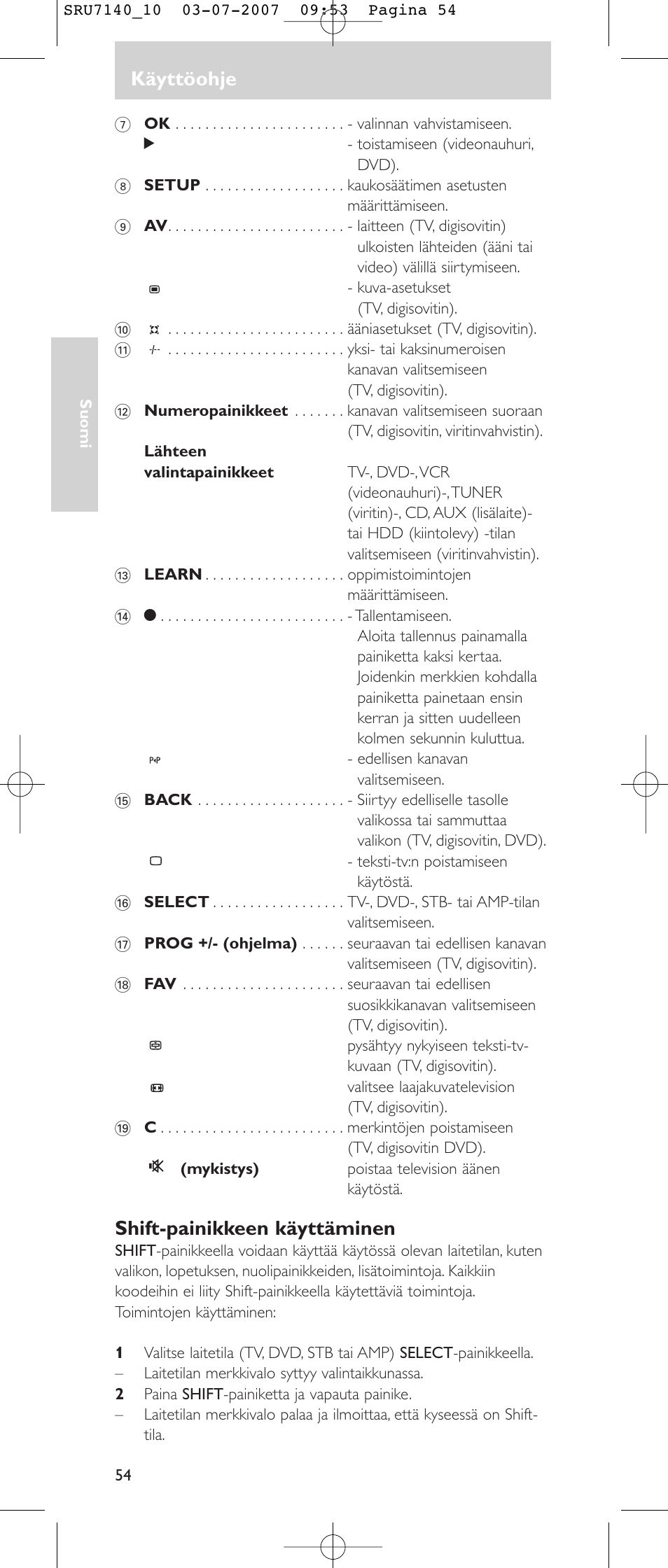 Käyttöohje, Shift-painikkeen käyttäminen | Philips SRU 7140 User Manual | Page 54 / 108