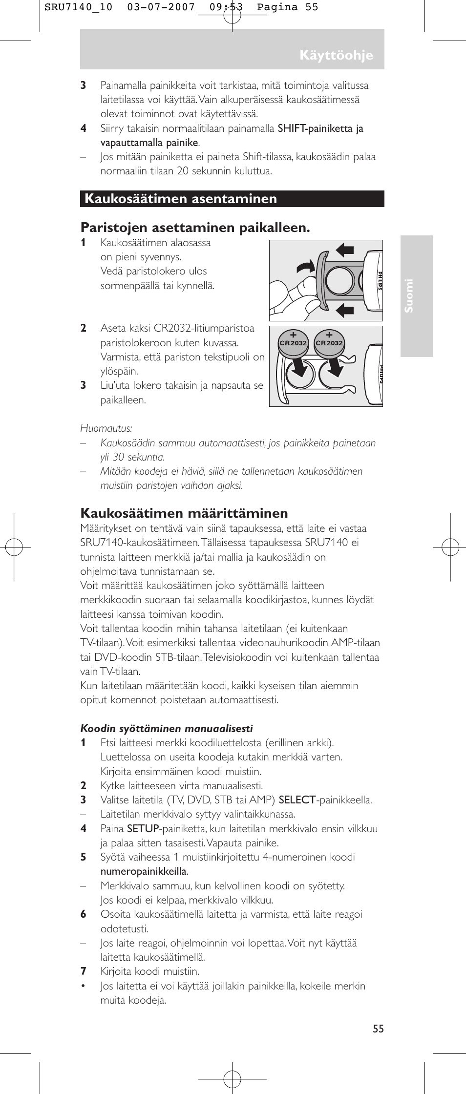 Käyttöohje, Kaukosäätimen määrittäminen | Philips SRU 7140 User Manual | Page 55 / 108
