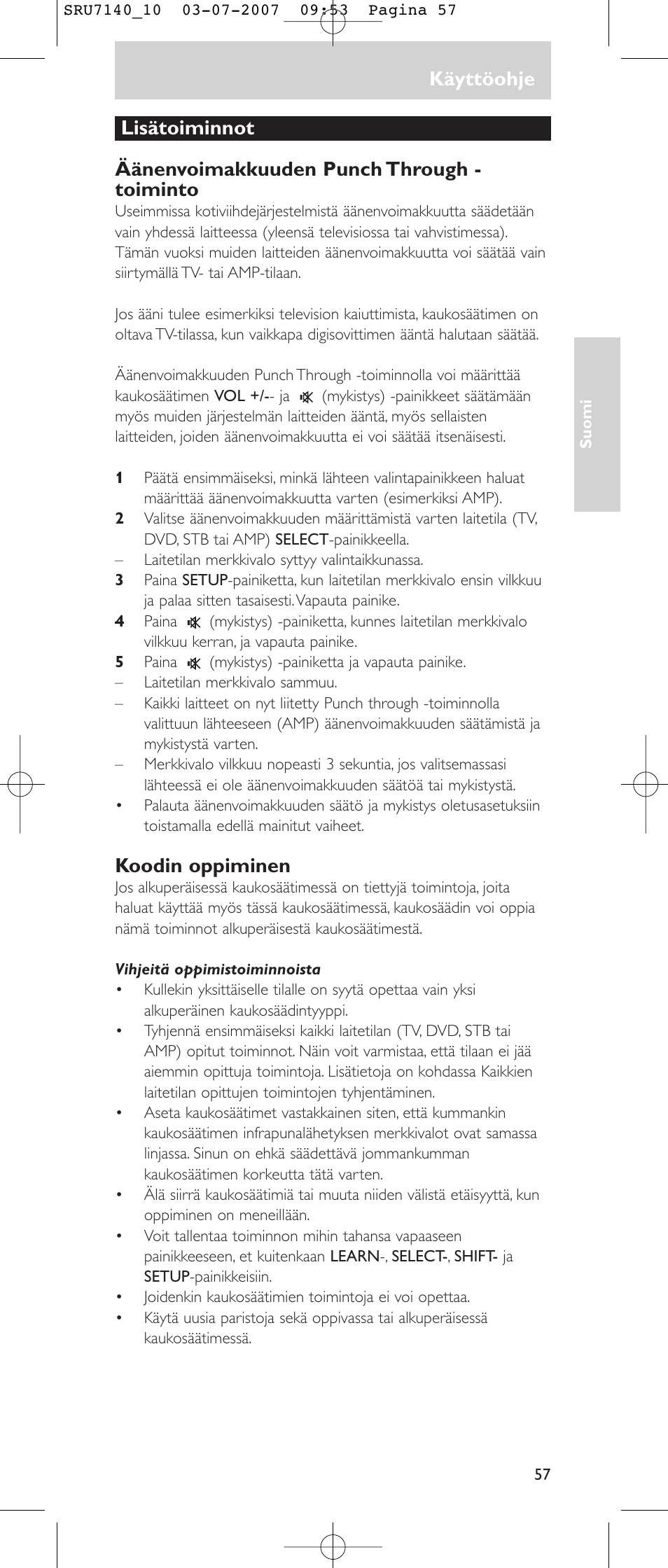 Käyttöohje, Koodin oppiminen | Philips SRU 7140 User Manual | Page 57 / 108