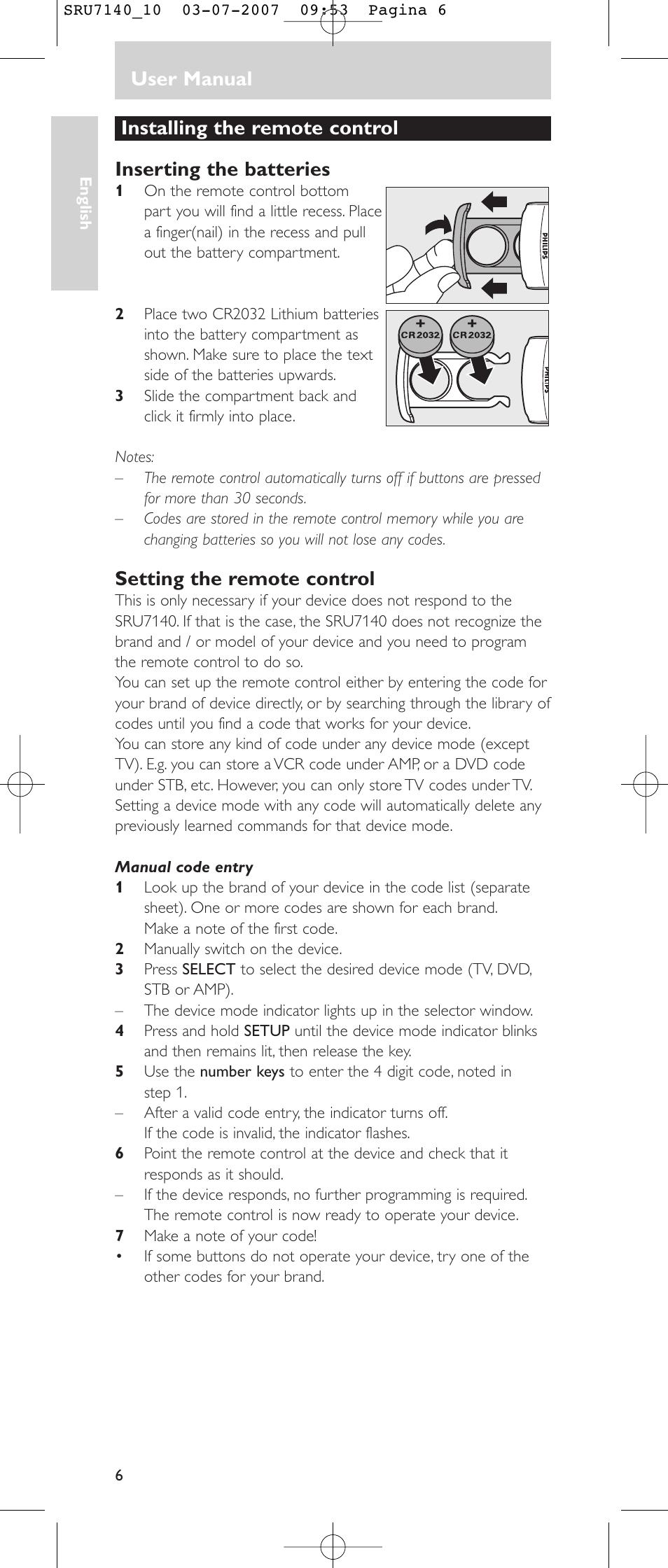 User manual, Setting the remote control | Philips SRU 7140 User Manual | Page 6 / 108