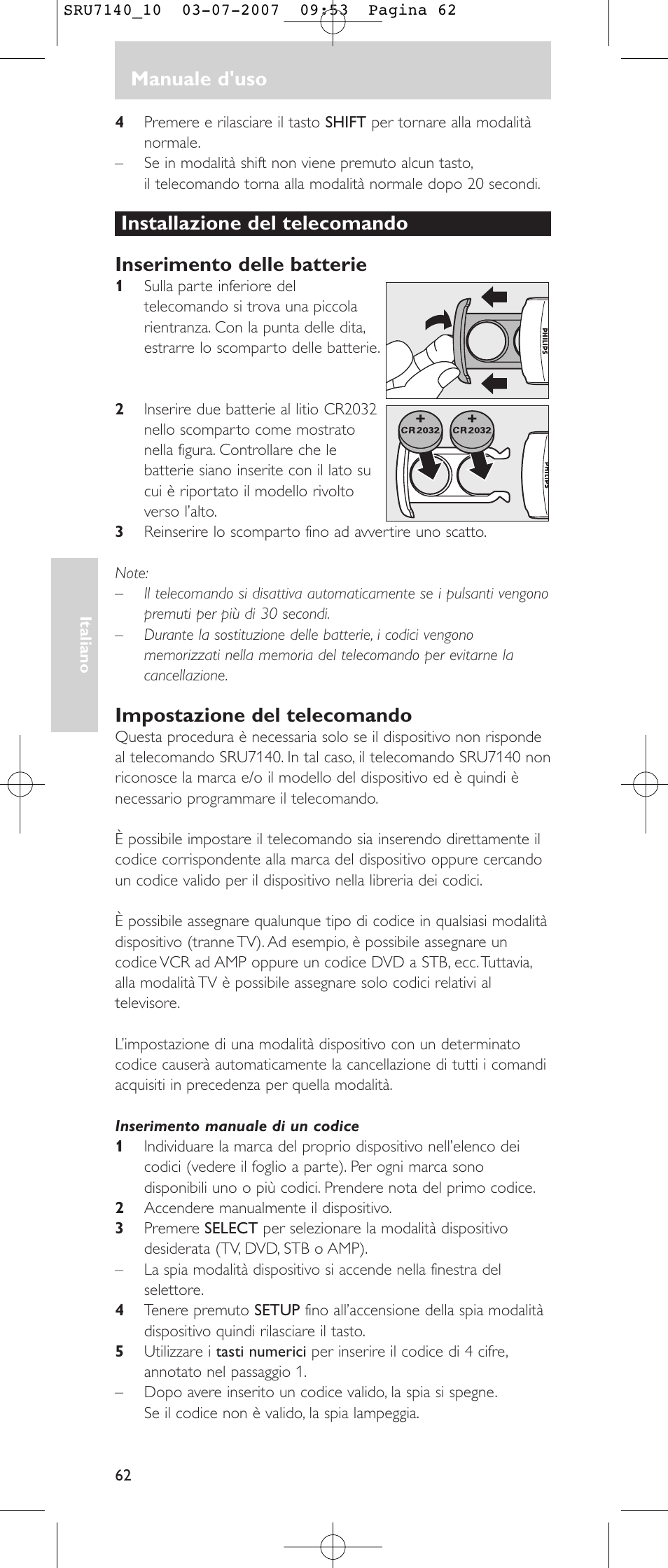 Manuale d'uso, Impostazione del telecomando | Philips SRU 7140 User Manual | Page 62 / 108