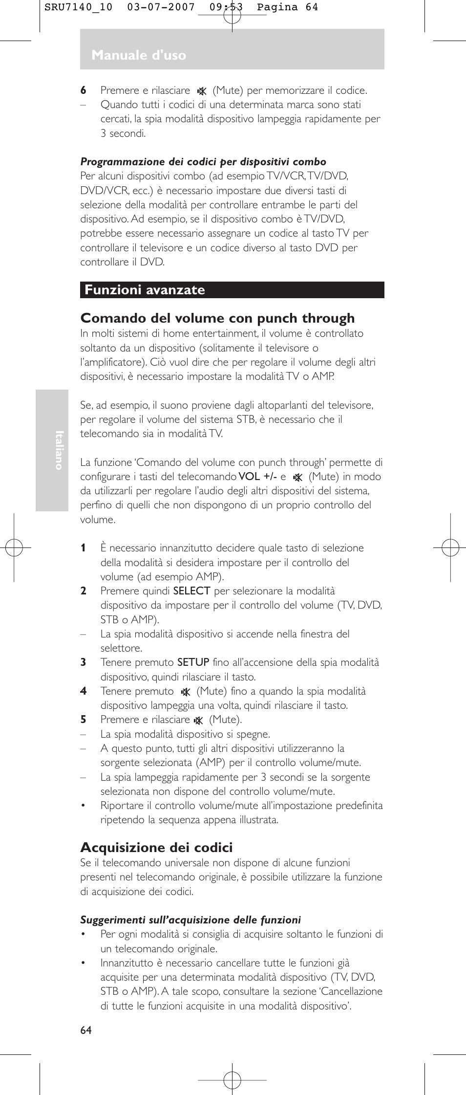 Manuale d'uso, Acquisizione dei codici | Philips SRU 7140 User Manual | Page 64 / 108