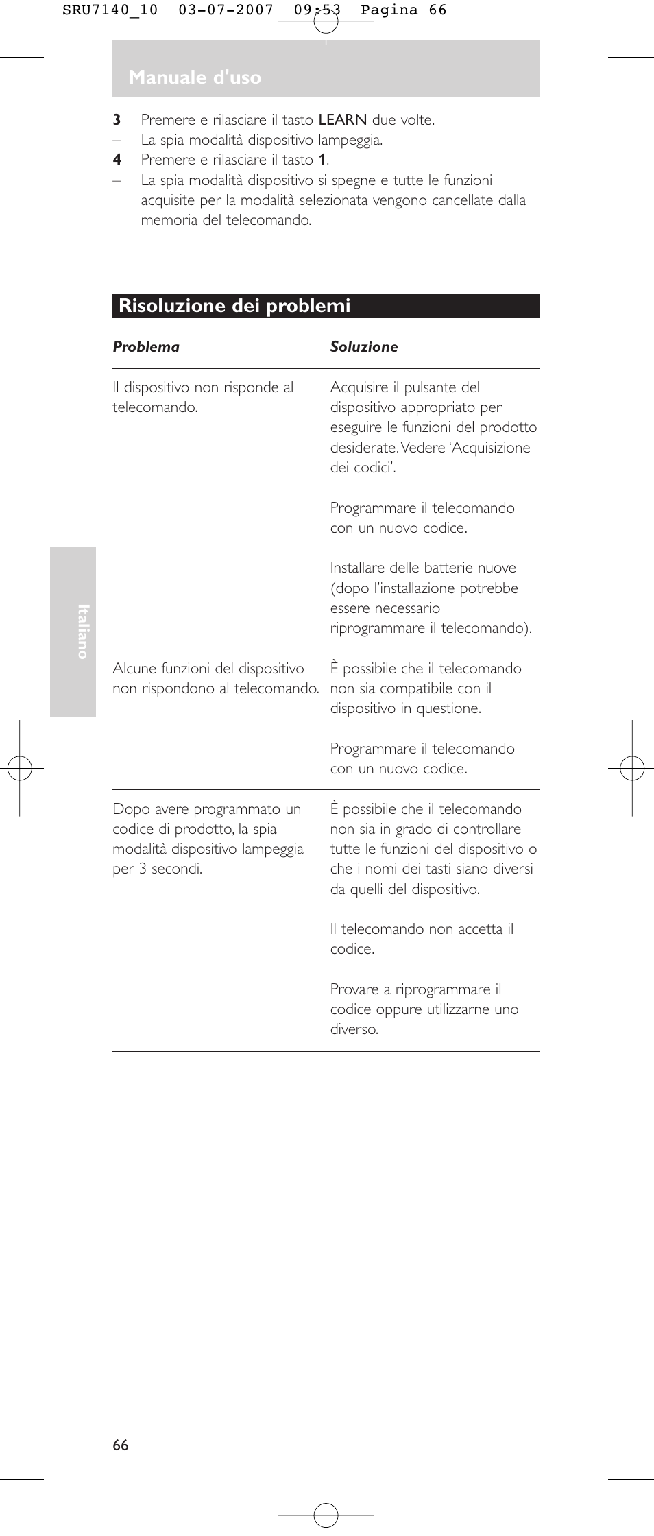 Manuale d'uso, Risoluzione dei problemi | Philips SRU 7140 User Manual | Page 66 / 108