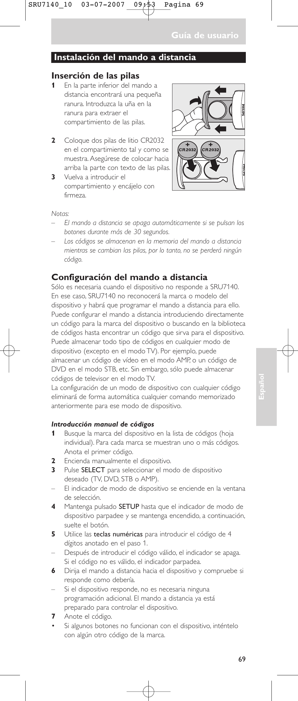 Guía de usuario, Configuración del mando a distancia | Philips SRU 7140 User Manual | Page 69 / 108
