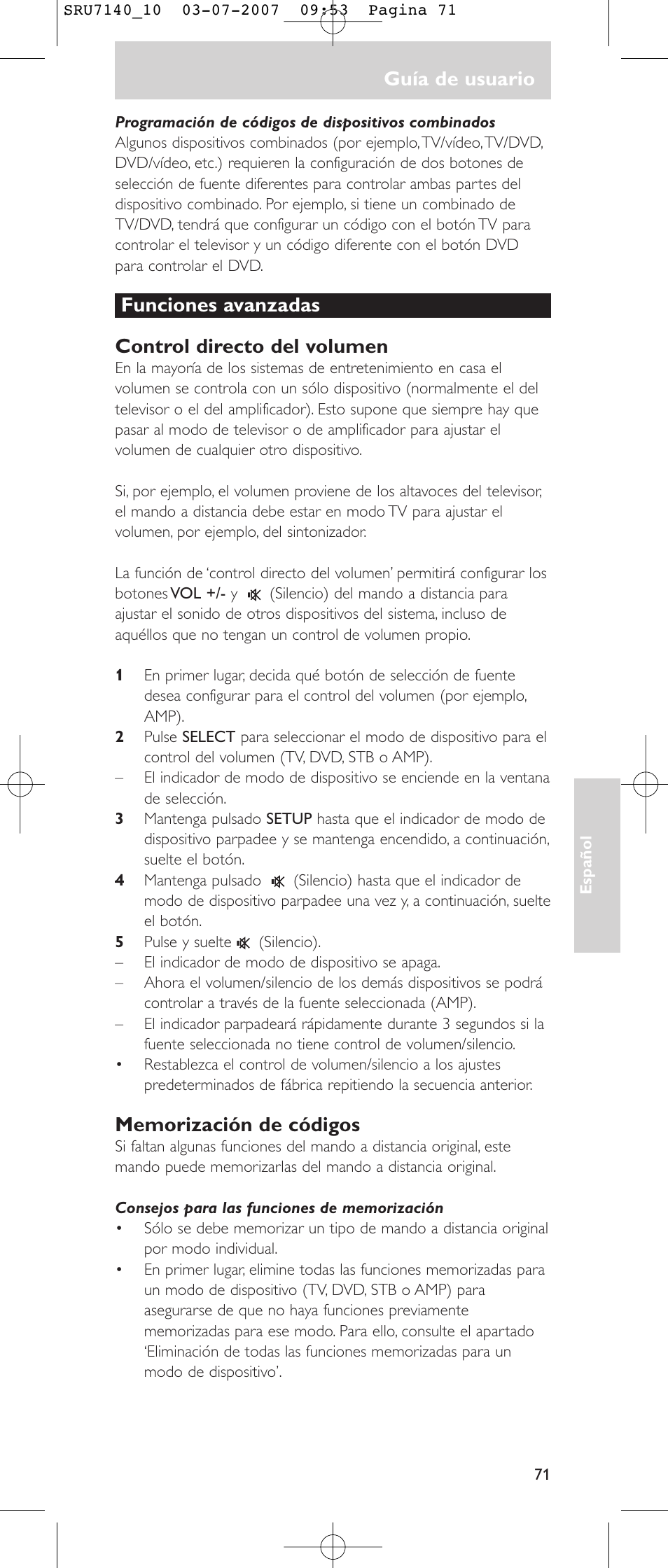 Guía de usuario, Funciones avanzadas control directo del volumen | Philips SRU 7140 User Manual | Page 71 / 108