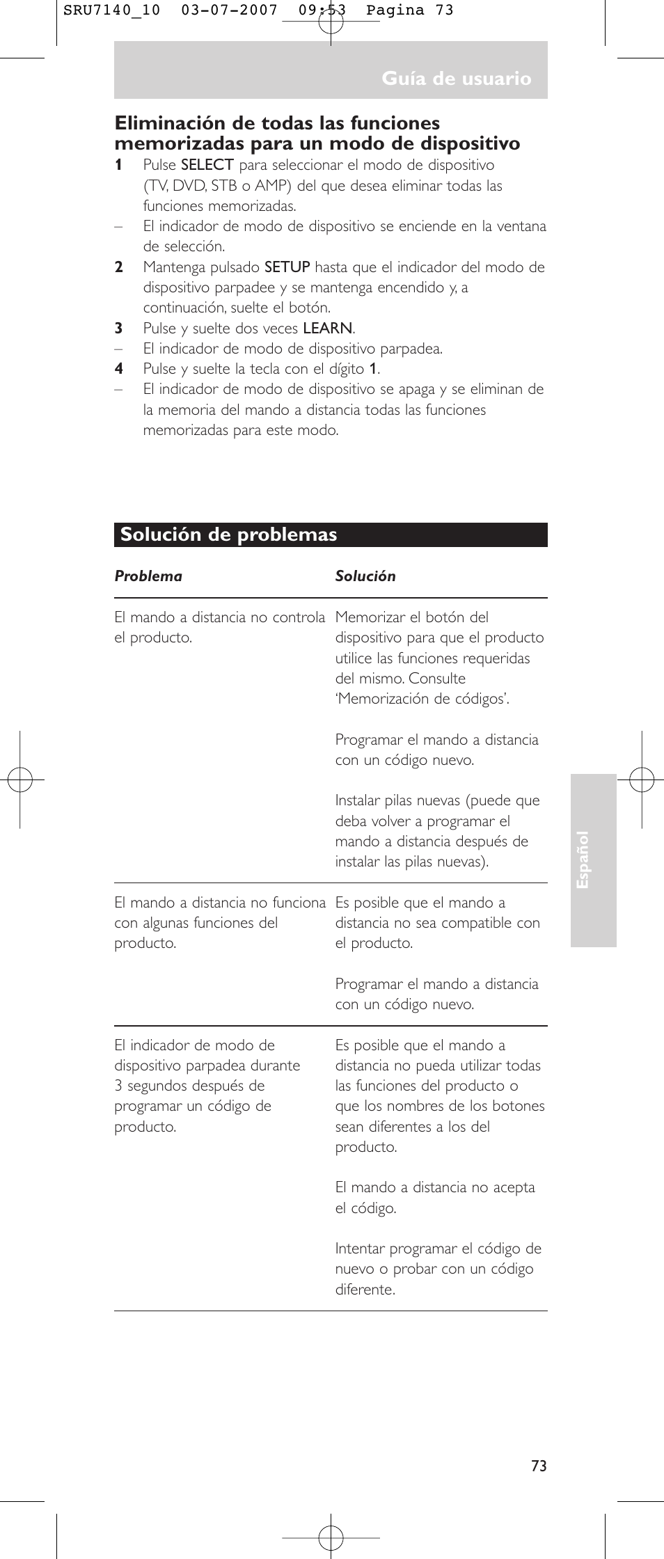 Guía de usuario, Solución de problemas | Philips SRU 7140 User Manual | Page 73 / 108