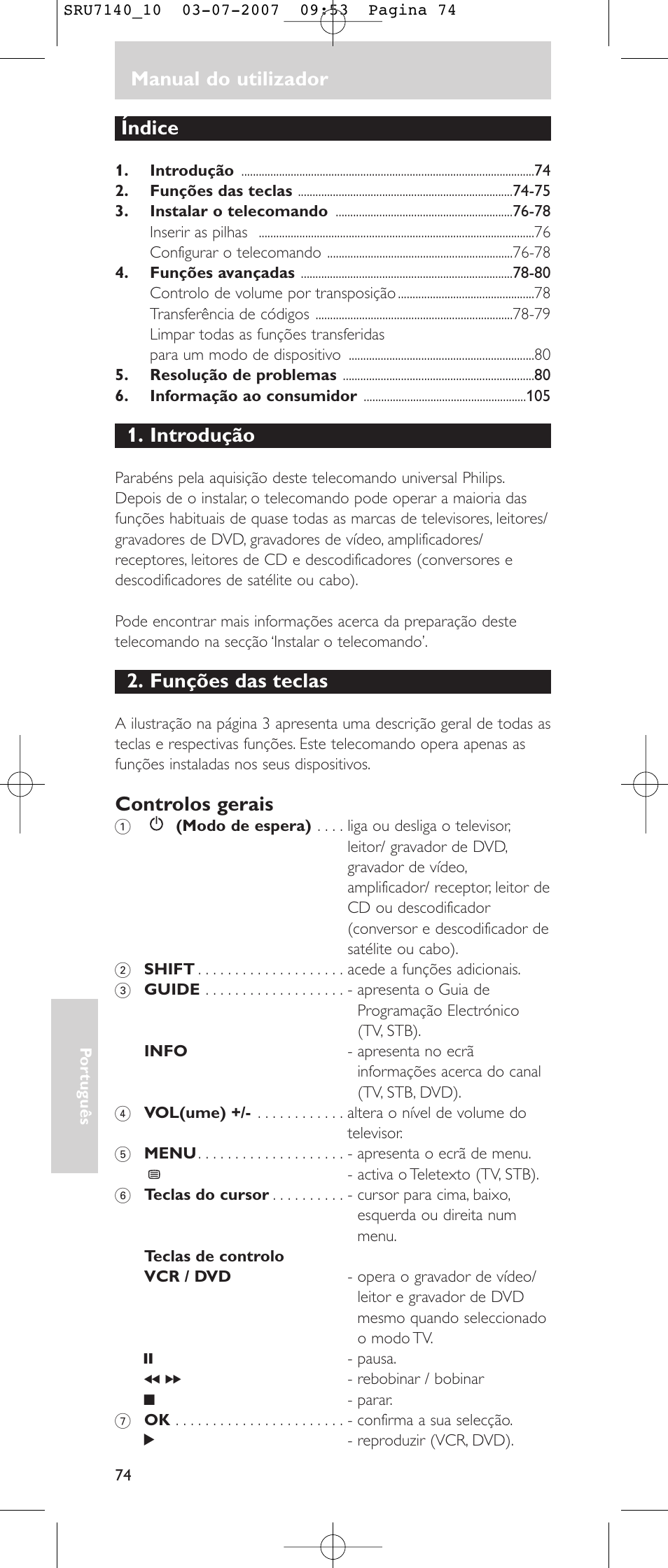 Manual do utilizador, Índice, Introdução | Funções das teclas, Controlos gerais | Philips SRU 7140 User Manual | Page 74 / 108