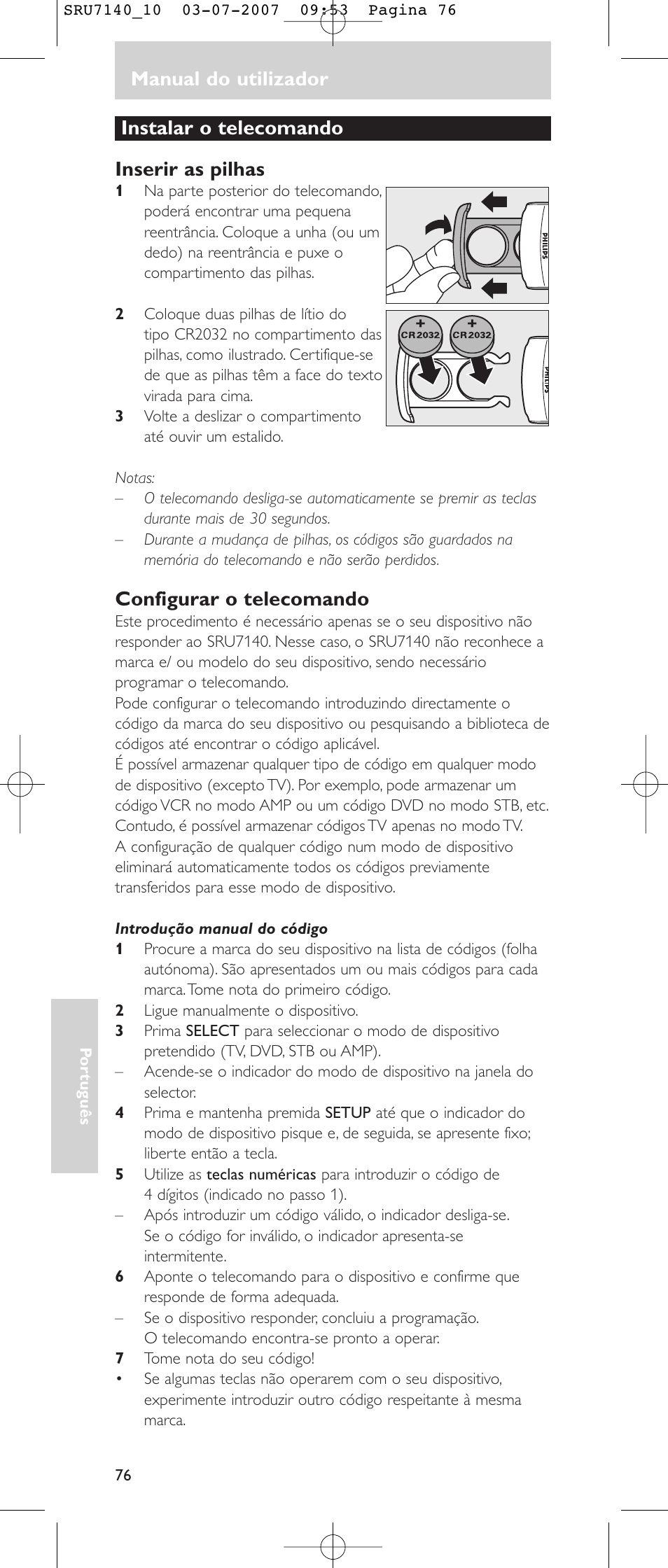 Manual do utilizador, Instalar o telecomando inserir as pilhas, Configurar o telecomando | Philips SRU 7140 User Manual | Page 76 / 108