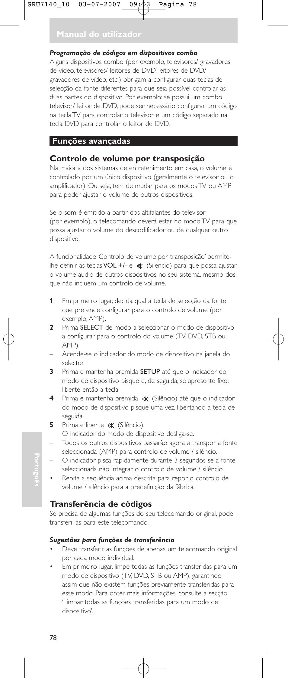 Manual do utilizador, Transferência de códigos | Philips SRU 7140 User Manual | Page 78 / 108