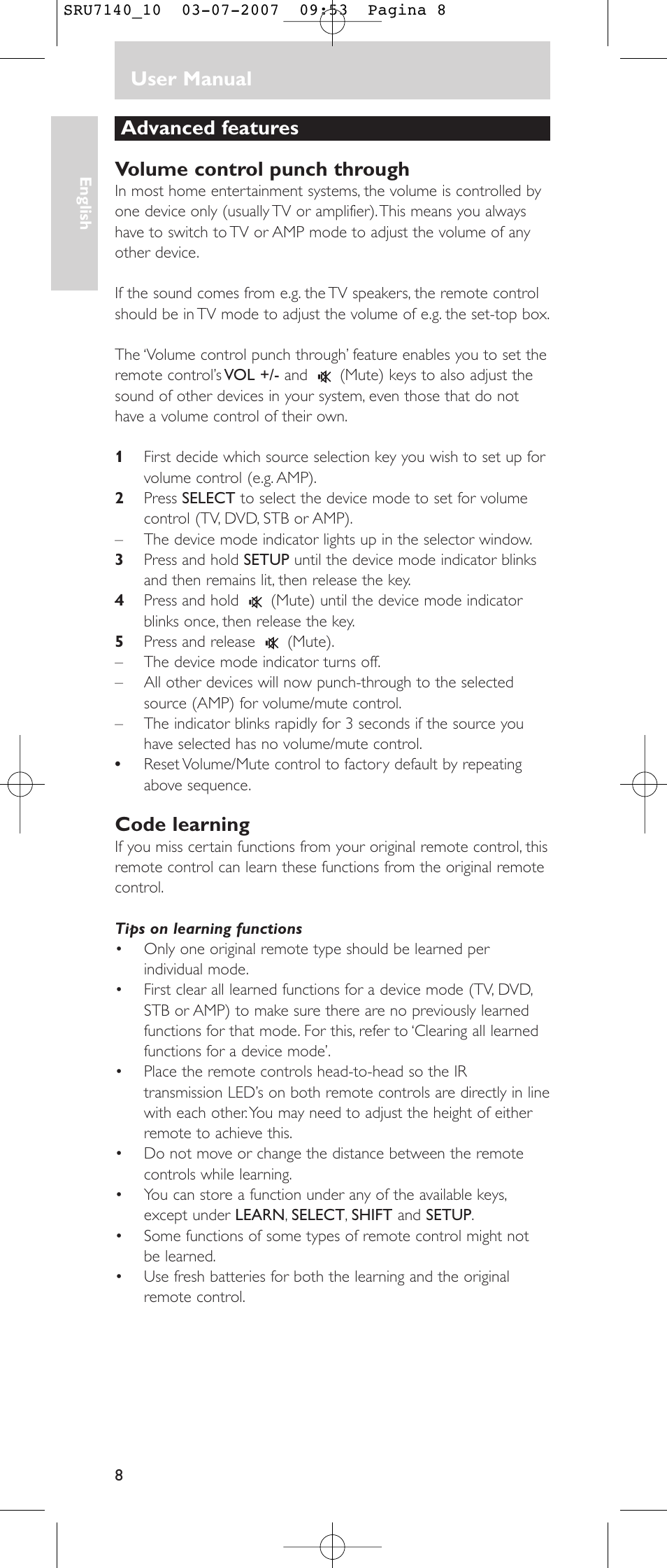 User manual, Advanced features volume control punch through, Code learning | Philips SRU 7140 User Manual | Page 8 / 108