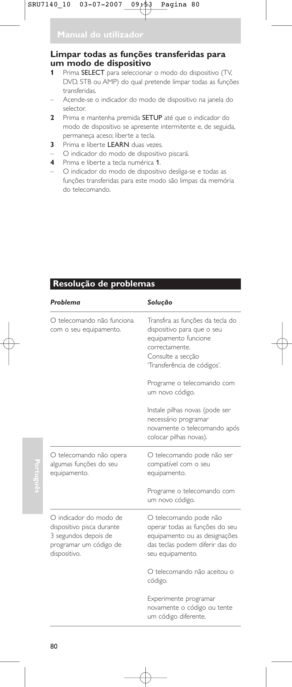 Manual do utilizador, Resolução de problemas | Philips SRU 7140 User Manual | Page 80 / 108