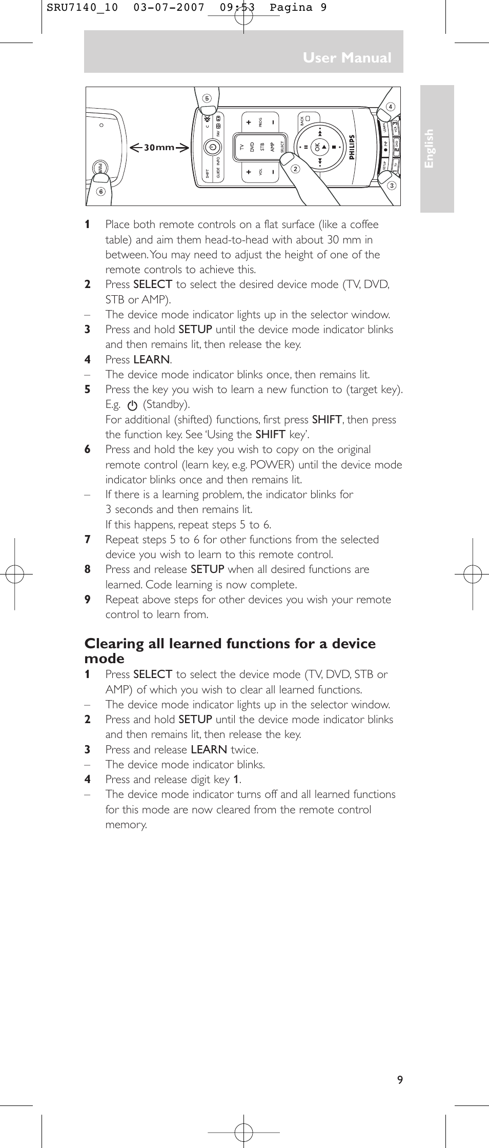 User manual, Clearing all learned functions for a device mode | Philips SRU 7140 User Manual | Page 9 / 108