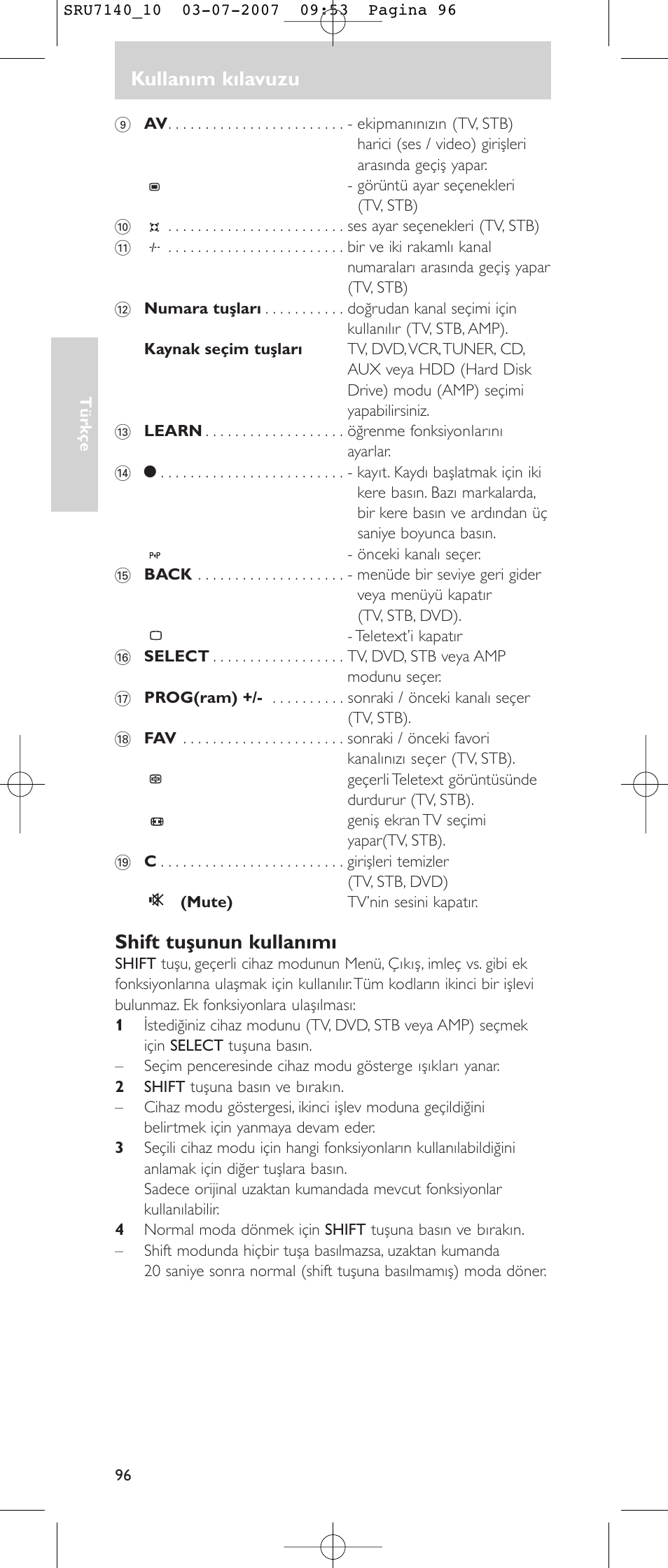 Kullanım kılavuzu, Shift tuşunun kullanımı | Philips SRU 7140 User Manual | Page 96 / 108