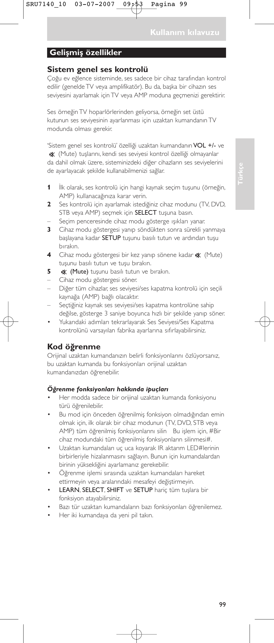 Kullanım kılavuzu, Gelişmiş özellikler sistem genel ses kontrolü, Kod öğrenme | Philips SRU 7140 User Manual | Page 99 / 108