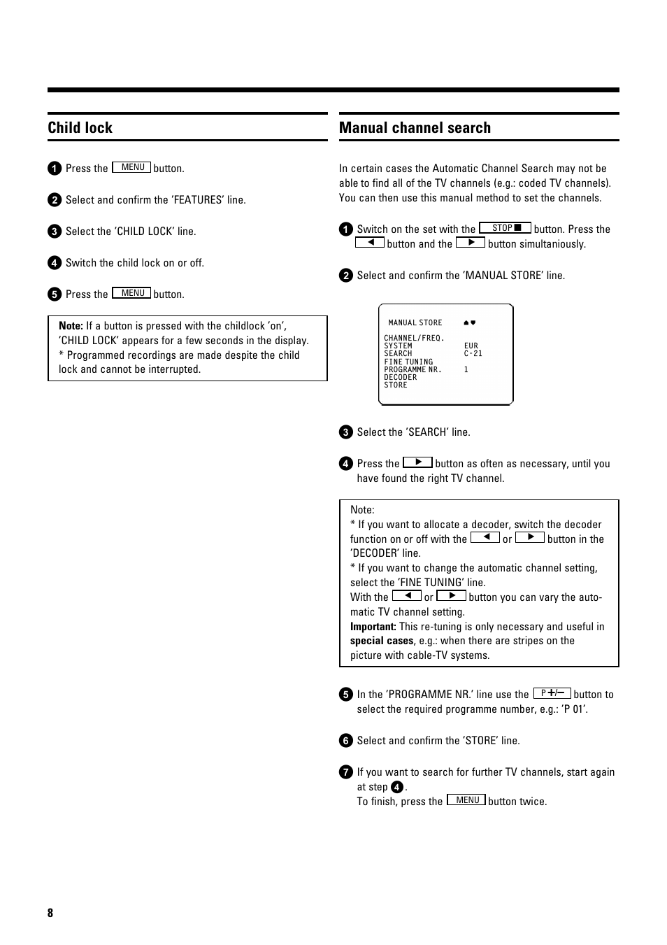 Child lock, Manual channel search | Philips 14PV182/58 User Manual | Page 10 / 14