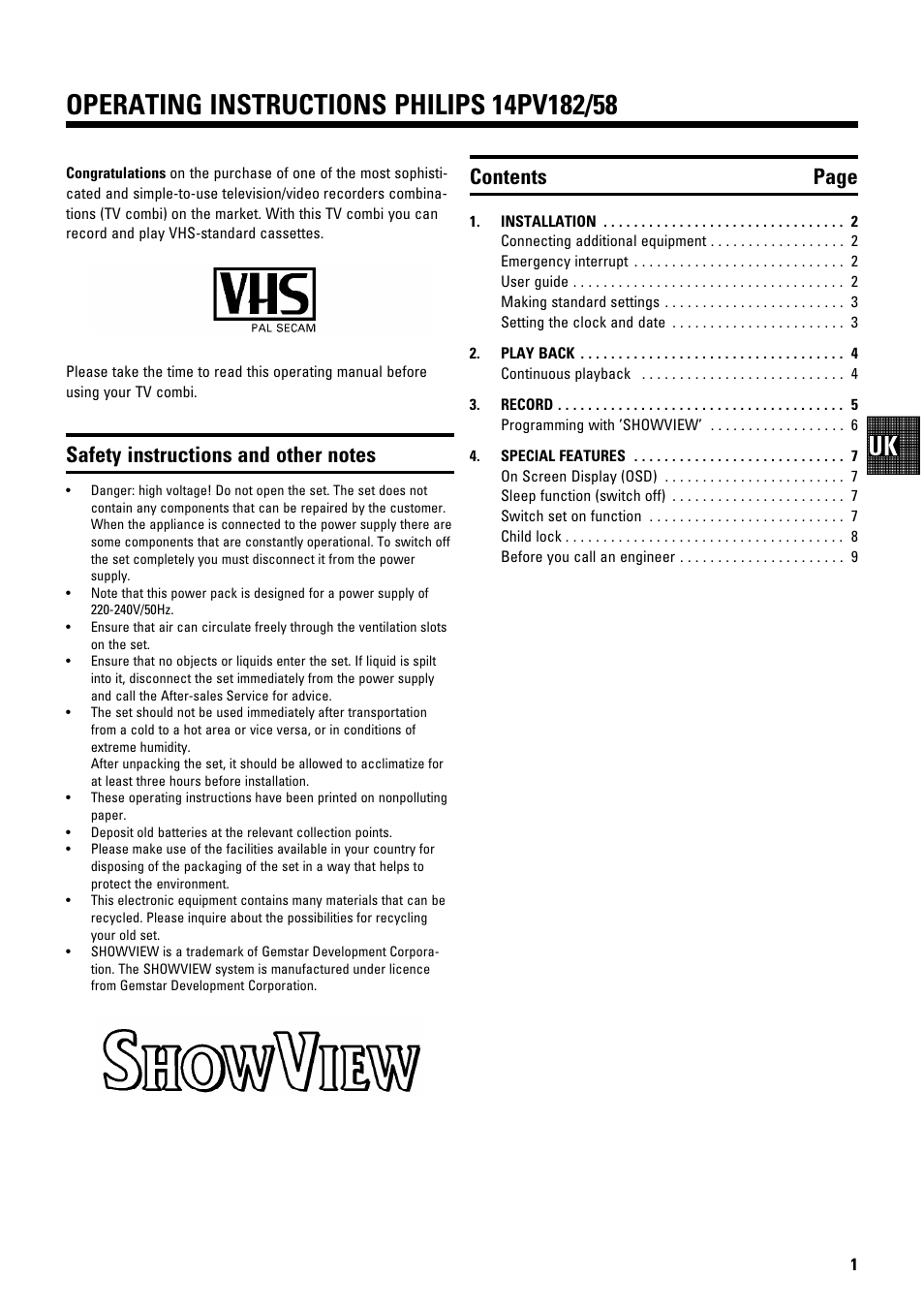 Contents page | Philips 14PV182/58 User Manual | Page 3 / 14