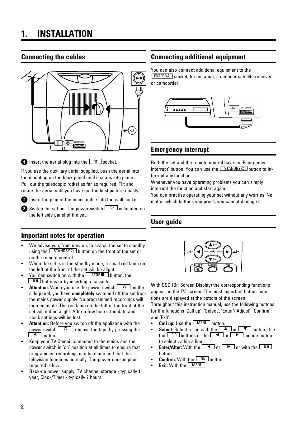 Installation, Connecting the cables, Connecting additional equipment | Emergency interrupt, User guide | Philips 14PV182/58 User Manual | Page 4 / 14