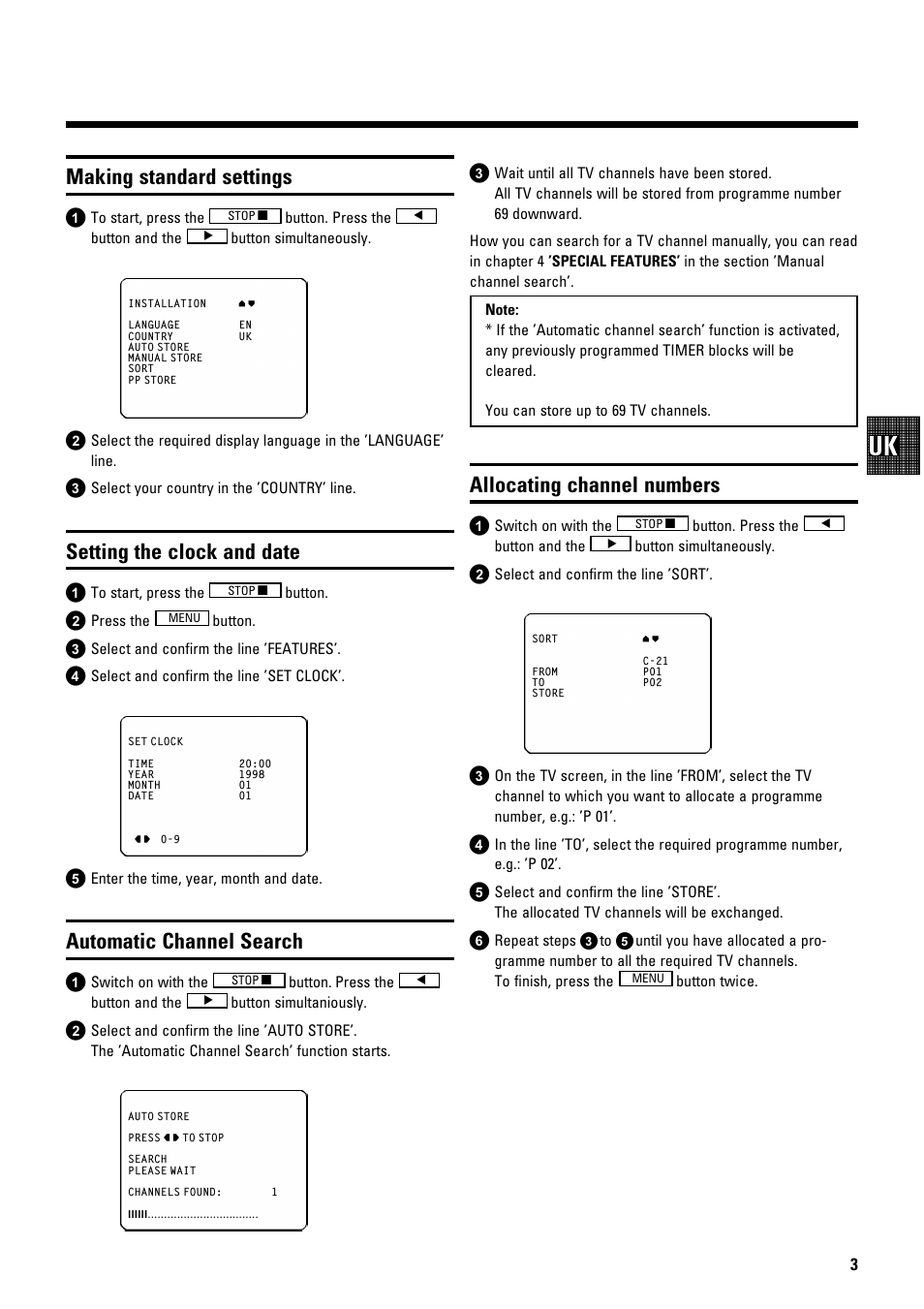 Making standard settings, Setting the clock and date, Automatic channel search | Allocating channel numbers | Philips 14PV182/58 User Manual | Page 5 / 14