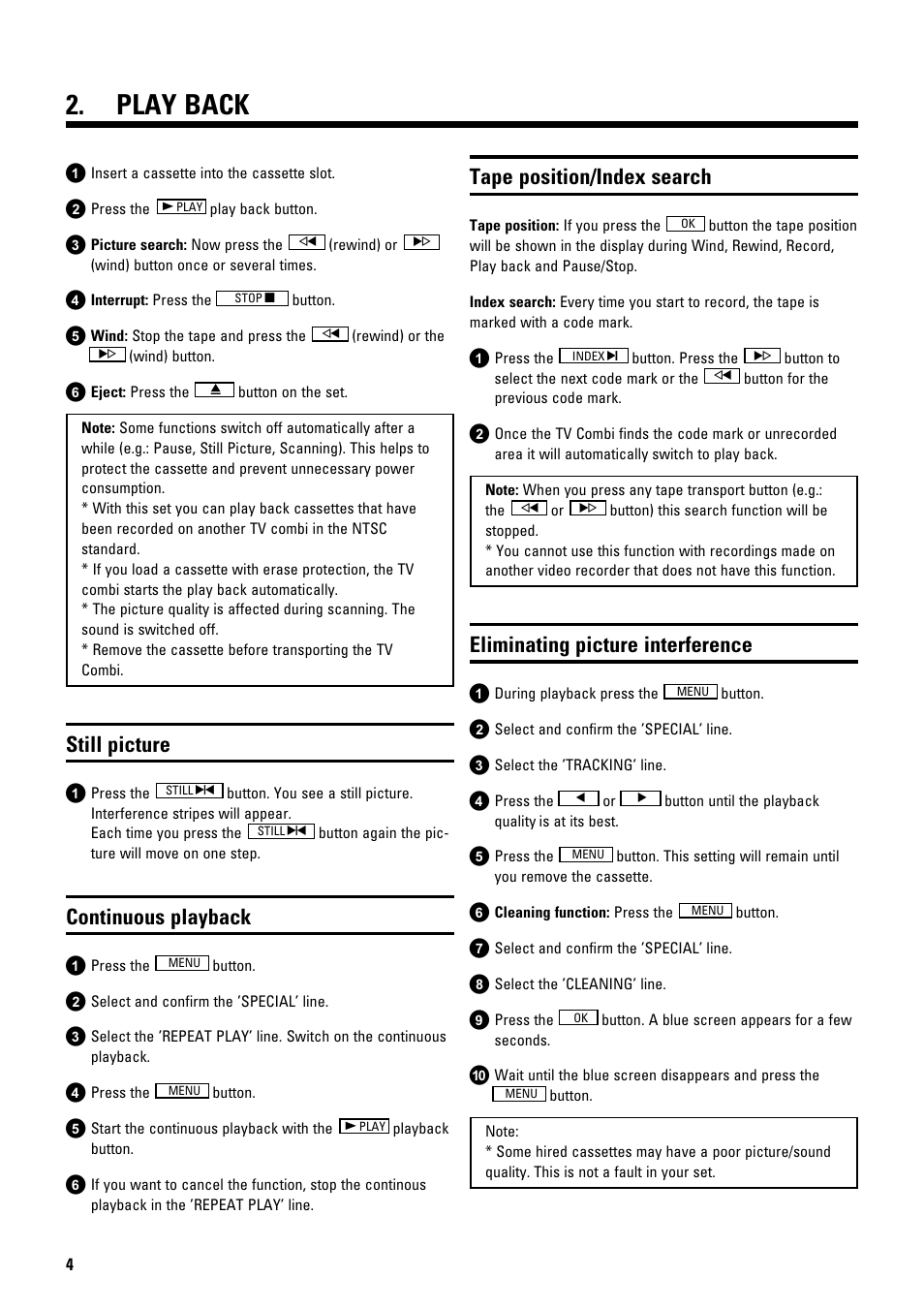 Play back, Still picture, Continuous playback | Tape position/index search, Eliminating picture interference | Philips 14PV182/58 User Manual | Page 6 / 14