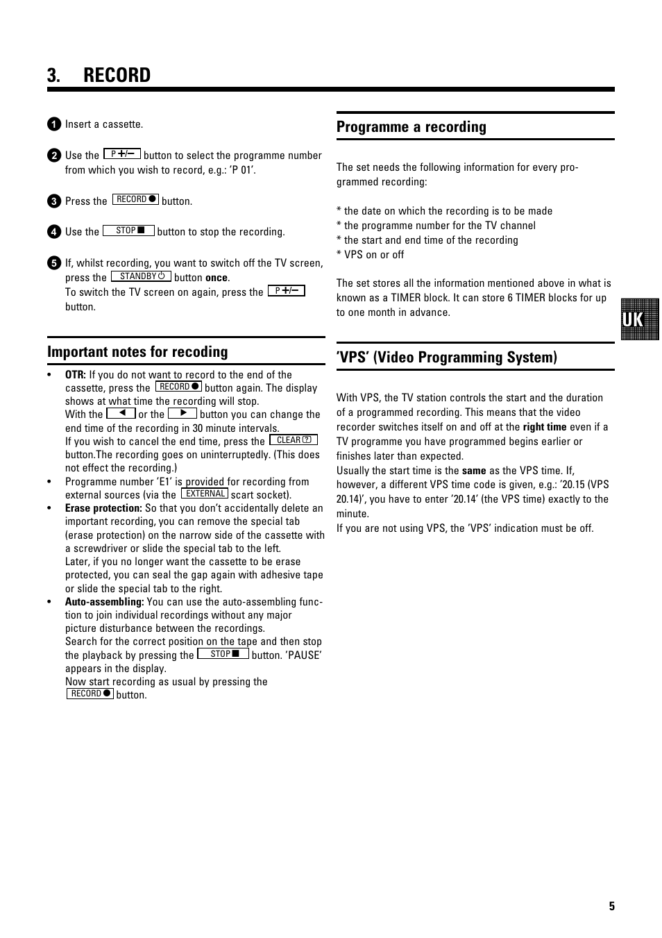 Record, Programme a recording, Vps’ (video programming system) | Philips 14PV182/58 User Manual | Page 7 / 14