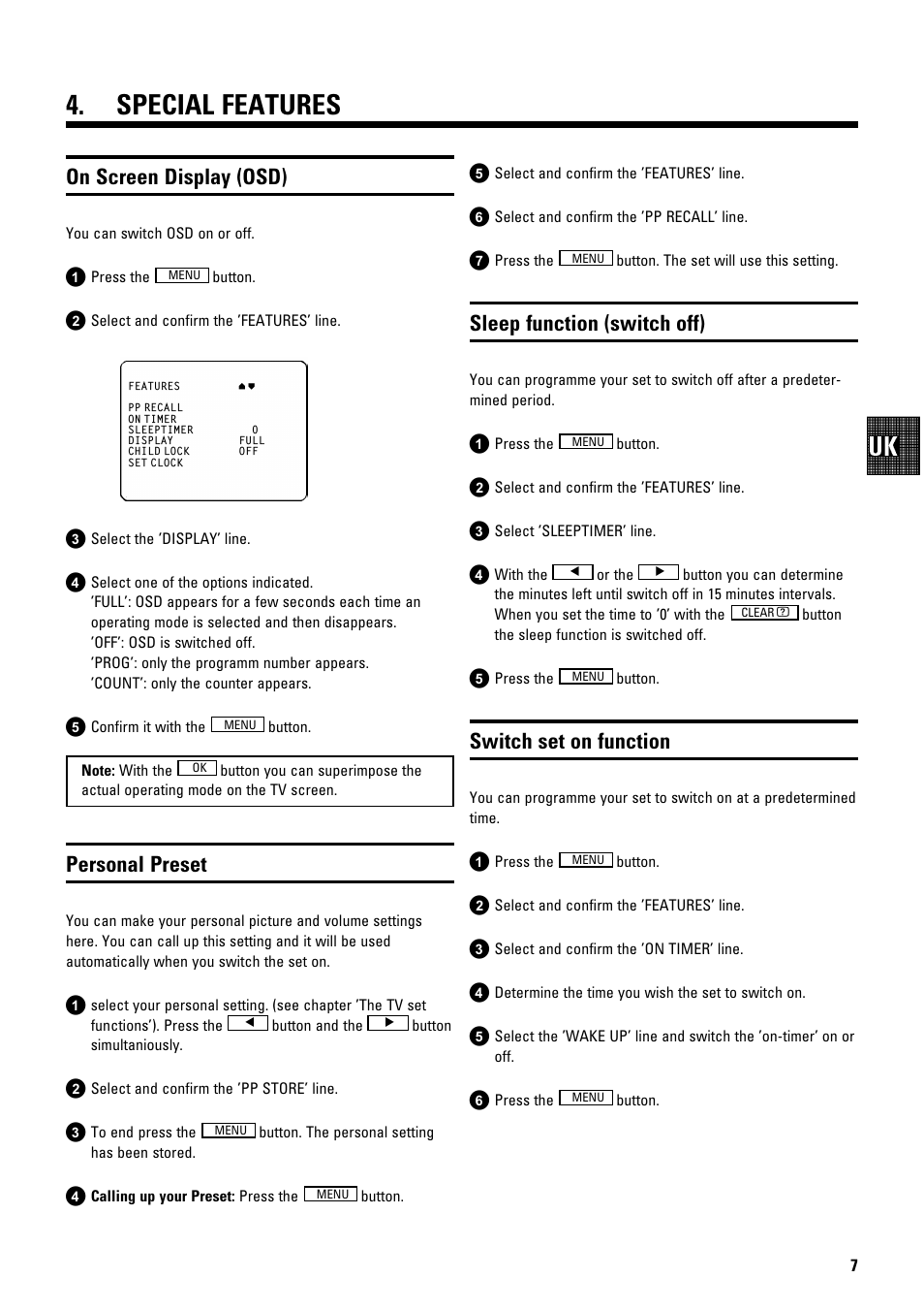 Special features, On screen display (osd), Personal preset | Sleep function (switch off), Switch set on function | Philips 14PV182/58 User Manual | Page 9 / 14