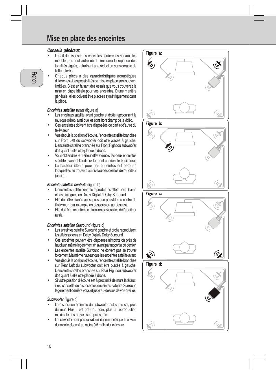 Mise en place des enceintes | Philips MMS316 User Manual | Page 10 / 50