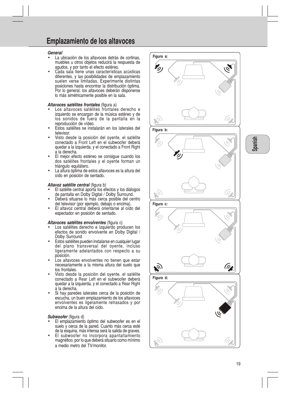 Emplazamiento de los altavoces | Philips MMS316 User Manual | Page 19 / 50