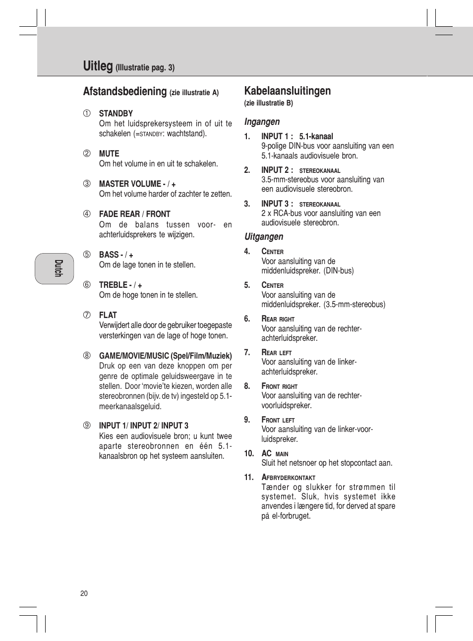 Uitleg, Kabelaansluitingen, Afstandsbediening | Philips MMS316 User Manual | Page 20 / 50